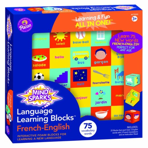Mind Sparks 2023323 Language Learning Blocks - French Language with 1.5 in. Blocks & 25 Block Perspective: front