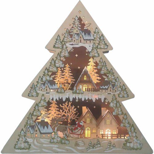 Good Tidings LED Lit Battery Operated Wooden Tree Decor Perspective: front