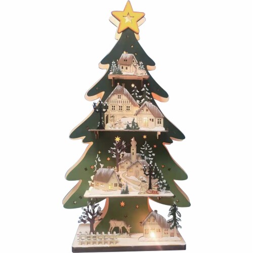 Good Tidings LED Lit Battery Operated Wooden Tree Decor Perspective: front