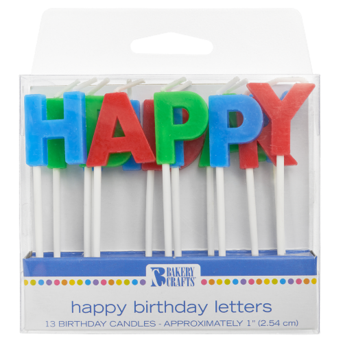 Bakery Crafts Blue Red & Green Happy Birthday Letters Cake Candles Perspective: front
