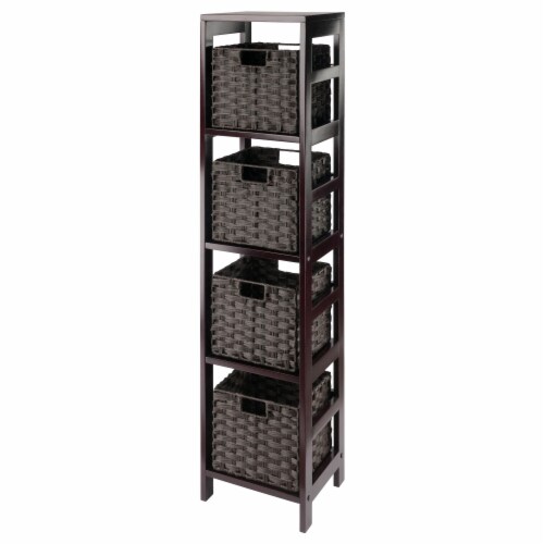 Leo 5-Pc Storage Shelf With 4 Foldable Woven Baskets, Espresso And Chocolate Perspective: front