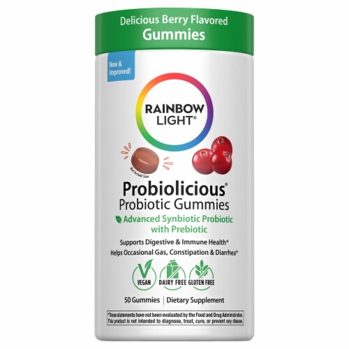 Rainbow Light Probiolicious Probiotic and Prebiotic Gummies, Berry Flavor, 50 Count, 1 Bottle Perspective: front