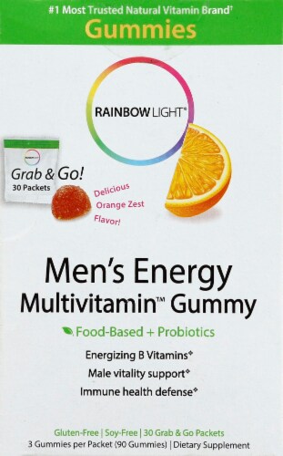 Rainbow Light Men's Energy Multivitamin Orange Zest Flavor Gummies Packets Perspective: front