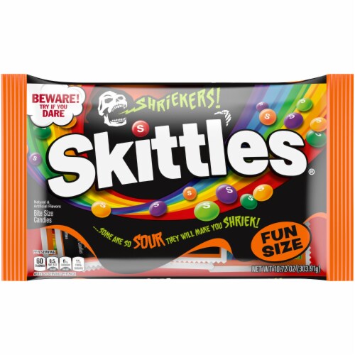 Skittles Shriekers Sour Fun Size Chewy Halloween Candy Bag Perspective: front