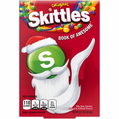 Skittles Holiday Original Book of Awesome Bite Size Chewy Christmas Candy Box Perspective: front