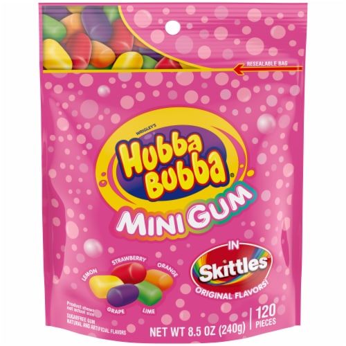 Hubba Bubba Minis Skittles Flavored Bubble Gum Bag Perspective: front