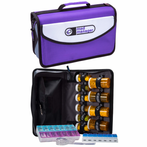 Med Manager Mini Medicine Organizer and Pill Case, Holds (10) Pill Bottles, Purple Perspective: front