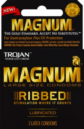 Trojan Magnum Ribbed Lubricated Large Size Latex Condoms Perspective: front