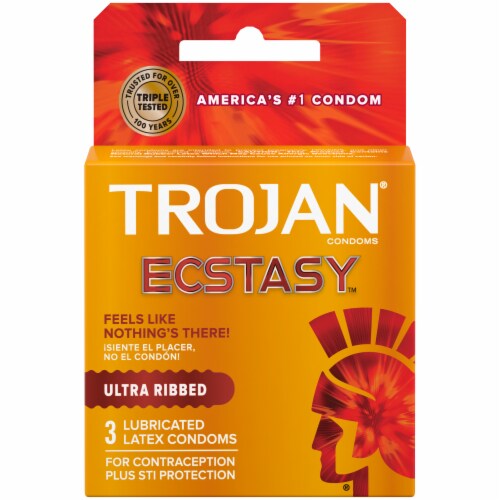 Trojan Ecstasy Ultra Ribbed Lubricated Latex Condoms Perspective: front