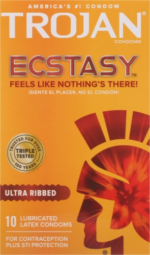Trojan Ecstasy Ultra Ribbed Lubricated Latex Condoms Perspective: front