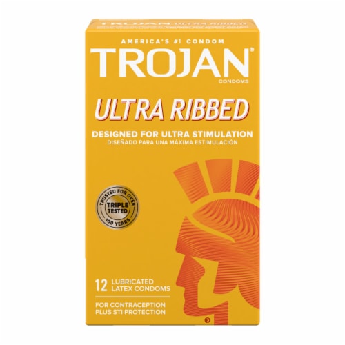 Trojan Ultra Ribbed Premium Lubricated Latex Condoms Perspective: front