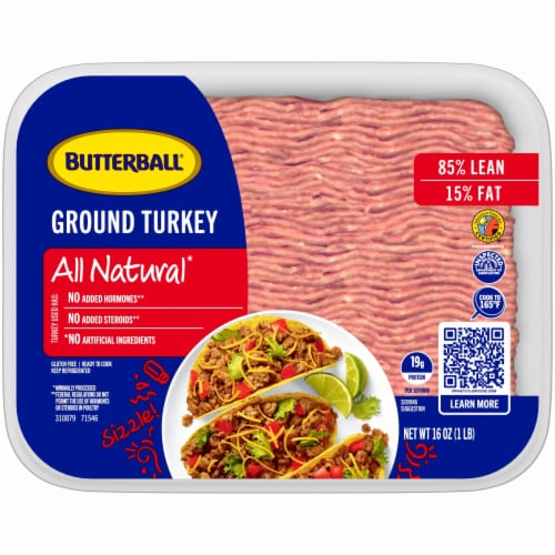 Butterball All Natural Fresh Ground Turkey, 85%/15%, 16oz, 1 Tray Perspective: front