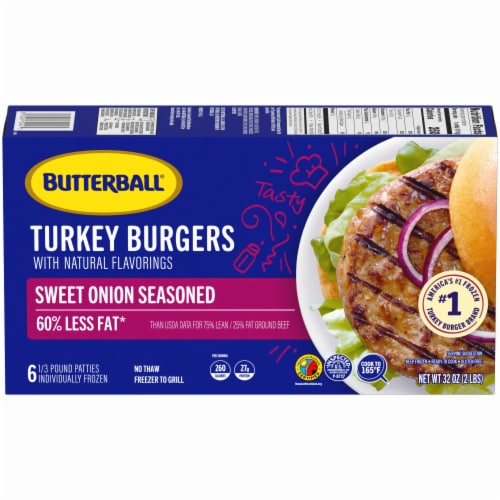 Butterball Frozen Turkey Burgers, Sweet Onion Seasoned, 1/3 lb Patties Perspective: front