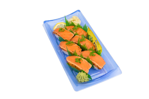 Advanced Fresh Concepts Salmon Tataki Nigiri Sushi Perspective: front