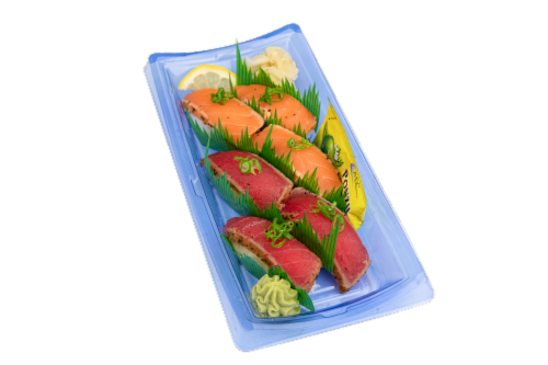 Advanced Fresh Concepts Tuna & Salmon Tataki Nigiri Sushi Perspective: front
