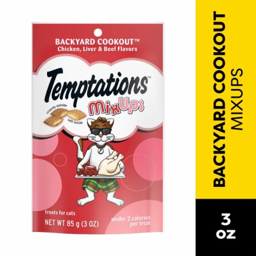 Temptations MixUps Crunchy and Soft Cat Treats Backyard Cookout Flavor Chicken Liver & Beef Perspective: front