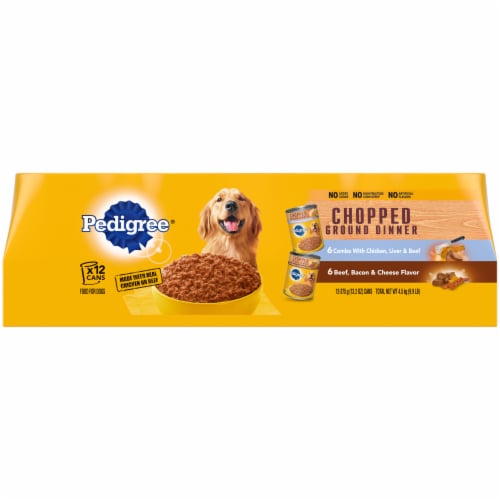 Pedigree Chopped Ground Dinner Chicken Liver Beef & Beef Bacon Cheese Adult Canned Soft Wet Dog Food Perspective: front