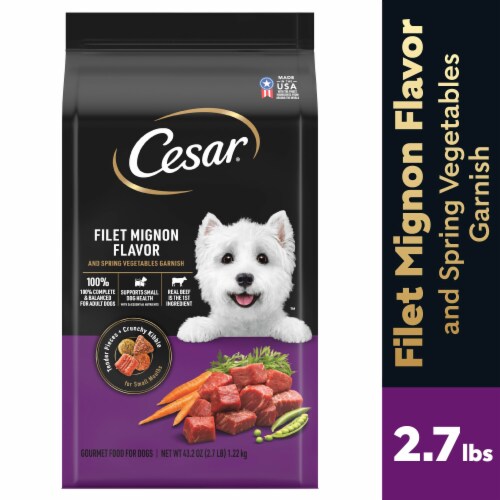 Cesar Small Breed Dry Dog Food Filet Mignon Flavor with Spring Vegetables Garnish Perspective: front