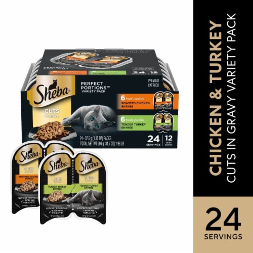 Sheba Perfect Portions Adult Wet Cat Food Cuts in Gravy Roasted Chicken & Tender Turkey Variety Pack Perspective: front