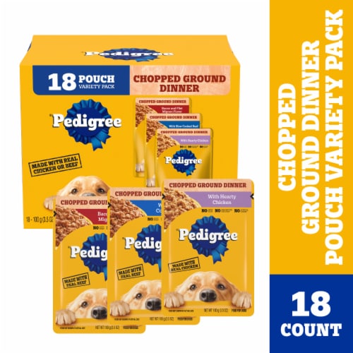 Pedigree Chopped Ground Dinner Beef Chicken Bacon Filet Mignon Soft Wet Dog Food Pouch Variety Pack Perspective: front