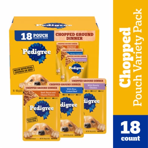 Pedigree Chopped Ground Dinner Adult Soft Wet Dog Food Pouches Chicken Beef Bacon & Cheese Perspective: front