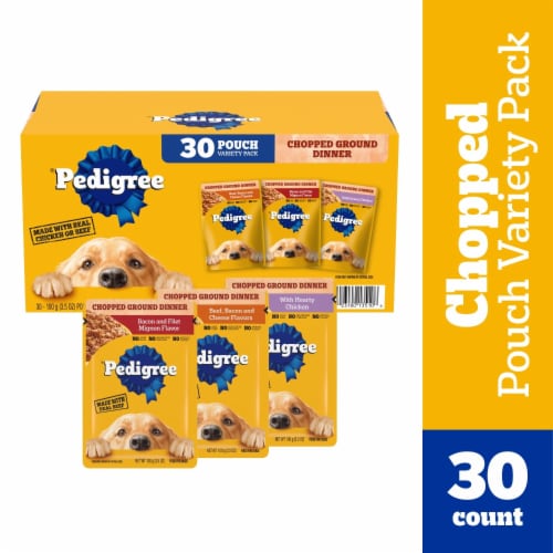 Pedigree Chopped Ground Dinner Soft Wet Dog Food Pouches Beef Bacon Cheese Filet Mignon & Chicken Perspective: front