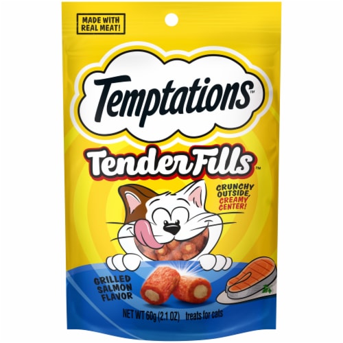Temptations Tender Fills Grilled Salmon Flavor Crunchy and Soft Adult Cat Treats Perspective: front