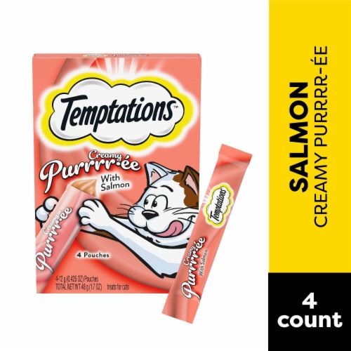 Temptations Creamy Puree with Salmon Lickable Squeezable Adult Cat Treats Perspective: front