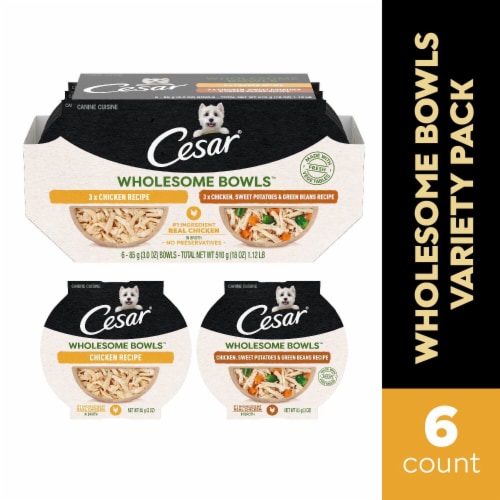 Cesar® Wholesome Bowls® Chicken Recipe and Chicken Sweet Potato & Green Beans Wet Dog Food Perspective: front