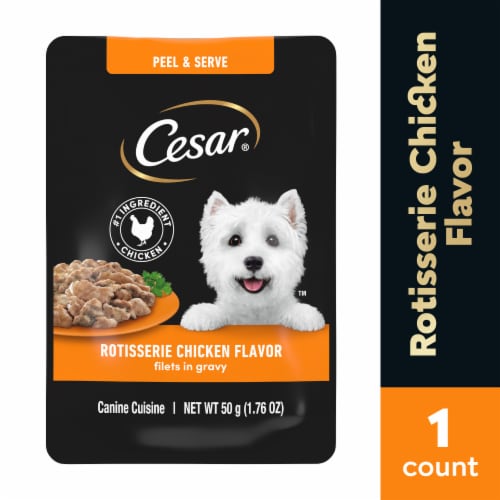 Cesar Filets in Gravy Wet Dog Food Mini-Pouch Rotisserie Chicken Perspective: front