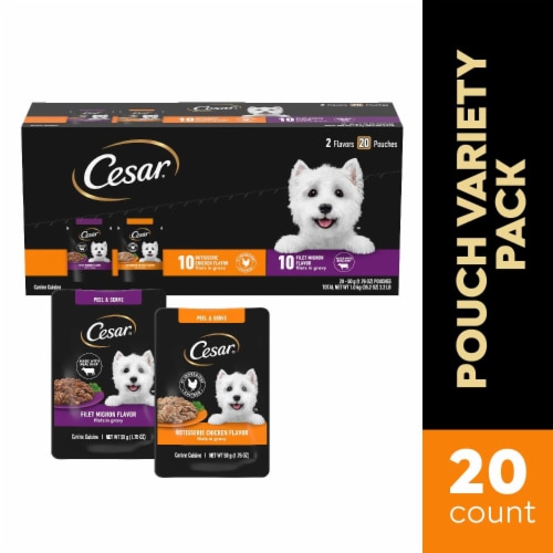 Cesar Filets in Gravy Filet Mignon and Rotisserie Chicken Wet Dog Food Variety Pack Mini-Pouches Perspective: front