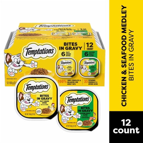 Temptations Bites in Gravy Tasty Chicken and Seafood Medley Adult Wet Cat Food Variety Pack Perspective: front