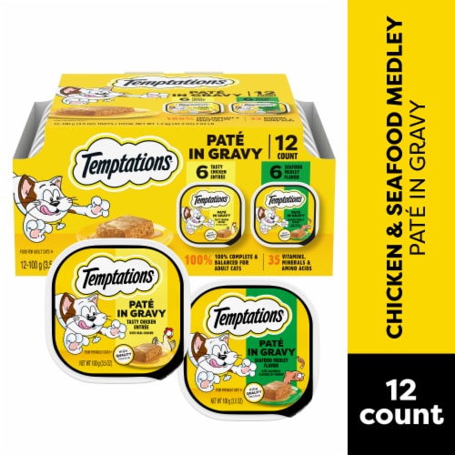 Temptations Paté in Gravy Tasty Chicken and Seafood Medley Adult Wet Cat Food Variety Pack Perspective: front