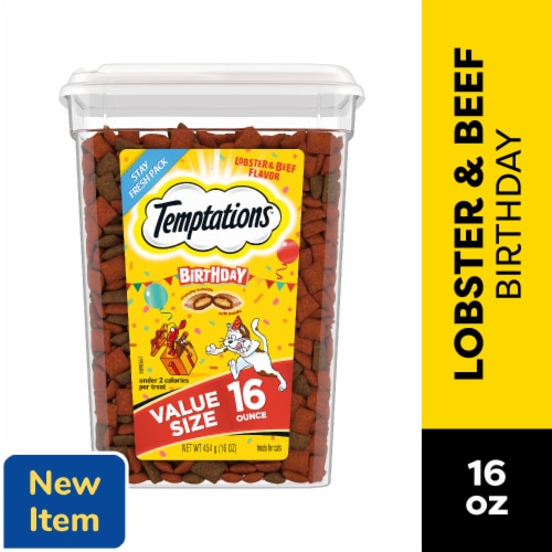Temptations Birthday Adult Crunchy and Soft Cat Treats Lobster and Beef Perspective: front