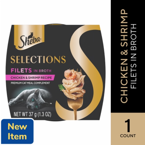 Sheba Selections Filets in Broth Cat Meal Complement Adult Chicken & Shrimp Recipe Perspective: front