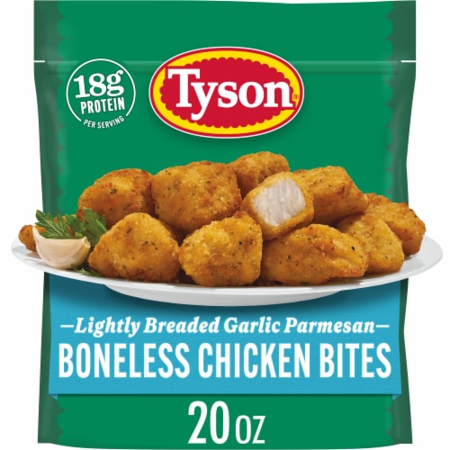 Tyson Frozen Lightly Breaded Garlic Parmesan Boneless Chicken Bites Perspective: front