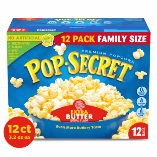 Pop Secret Microwave Popcorn Extra Butter Flavor 3.2 Oz Sharing Bags Perspective: front