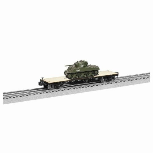 Lionel LNL1926712 40 ft. O Flatcar Model Train with Sherman Tank NYC No.496271 Perspective: front