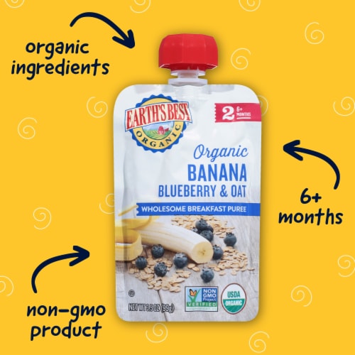 Earth's Best Organic Baby Food Pouches, 6+ Months, Fruit & Grain Puree, Banana Blueberry Oat Perspective: front