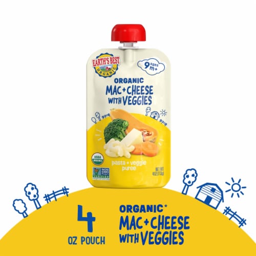 Earth's Best Organic Baby Food Pouches, 9+ Months, Pasta & Veggie Puree, Mac & Cheese with Veggies Perspective: front