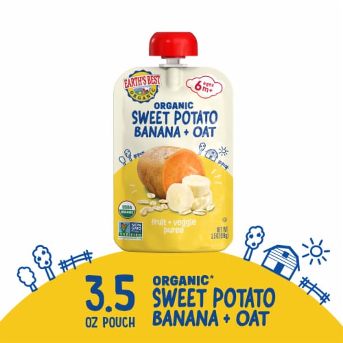 Earth's Best Organic Baby Food Pouches, 6+ Months, Fruit & Grain Puree, Sweet Potato Banana Oat Perspective: front