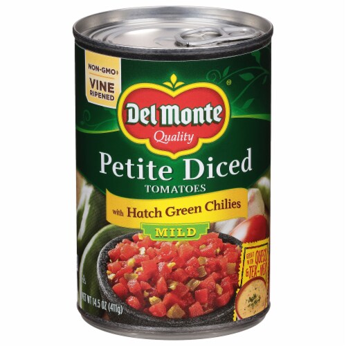 Del Monte Petite Diced Tomatoes with Hatch Green Chilies Perspective: front