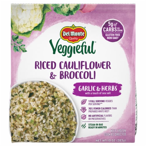 Del Monte® Veggieful™ Garlic & Herbs Riced Cauliflower & Broccoli Frozen Mixed Vegetables Perspective: front