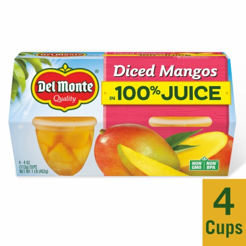 DEL MONTE Diced Mango FRUIT CUP Snacks in 100% Fruit Juice 4 Pack Perspective: front