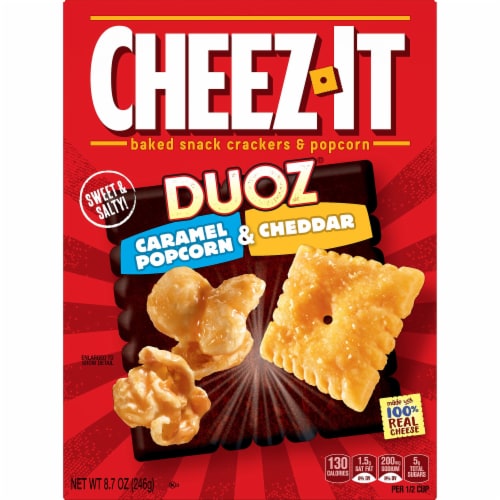 Cheez-It DUOZ Caramel and Cheddar Cheese Crackers and Popcorn Perspective: front