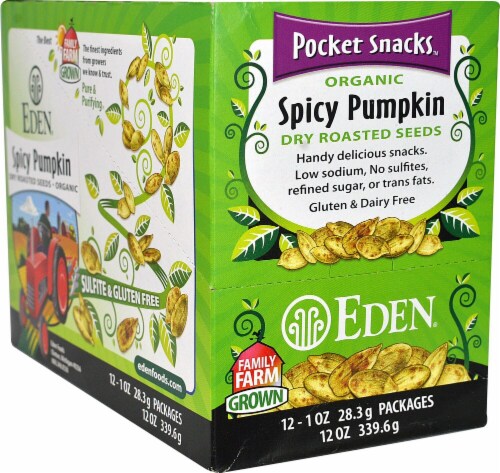 Eden Foods  Organic Pocket Snacks Dry Roasted Seeds   Spicy Pumpkin Perspective: front