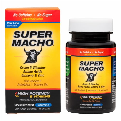 Super Macho® Seven B Vitamins Amino Acids Ginseng & Zinc Softgels Perspective: front