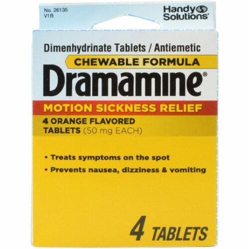 Dramamine Motion Sickness Relief Orange Flavored Chewable Tablets Perspective: front