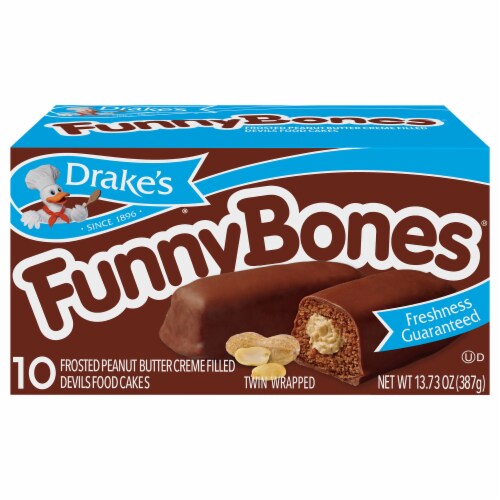Drake's® Funny Bones® Frosted Peanut Butter Creme Filled Devils Food Cakes Perspective: front