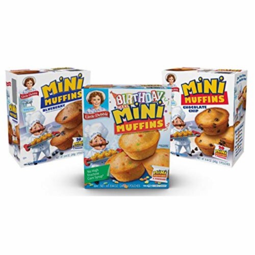 Little Debbie Mini Muffin Variety Pack, Birthday Cake, Blueberry, Chocolate Chip (1 Box Each) Perspective: front
